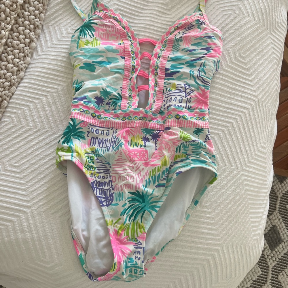 Lilly Pulitzer Pink and Green One Piece Swimsuit Tropical Print